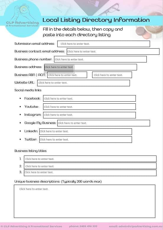 CLP Advertising | Local Listing Directory Information Form (sample)