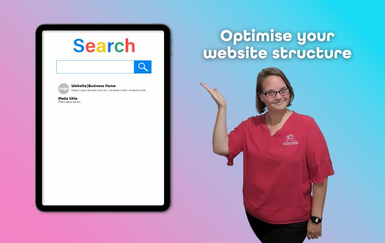 A photo of Ellie Clare pointing to an example of how to optimise your website structure.