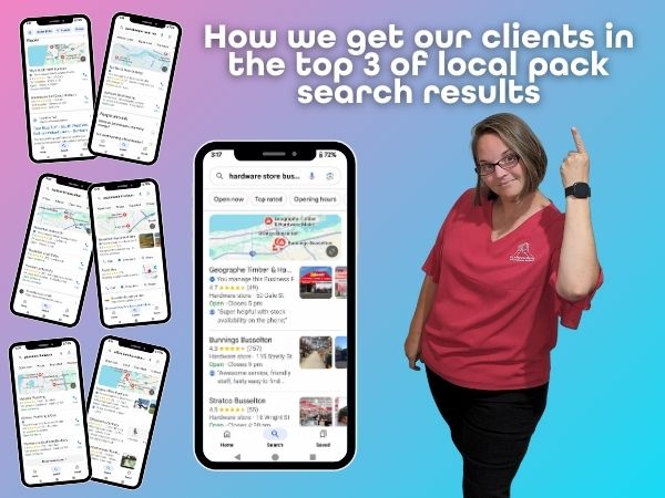 Image of Ellie Pointing at the heading "How we get our clients in the top 3 of the local pack search results" using Google Business Profile, the image also includes 7 clients who are ranked in the top 3