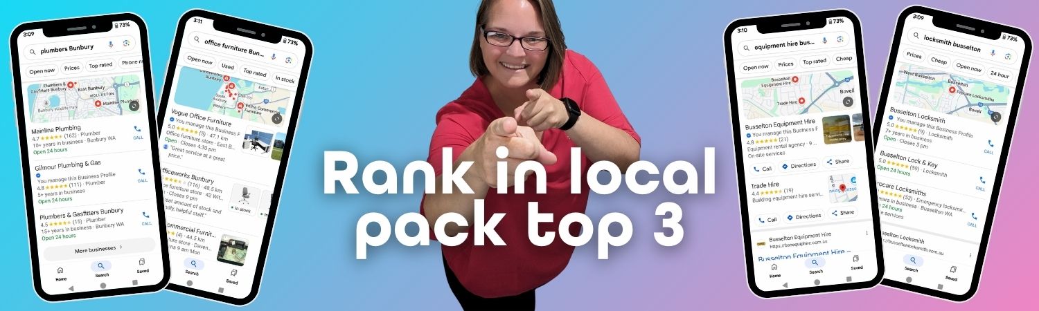 Image of Ellie Clare from CLP Advertising & Photography Services pointing at you, with the caption saying Rank in local pack top 3. Then there are a bunch a phone screens with images of her clients ranking in the top 3 of local pack. 