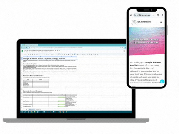 GIF of the Free Business Profile Keyword Planner on a laptop, and the CLP Google Business Profile Optimisation Checklist, scrolling through on a phone screen.