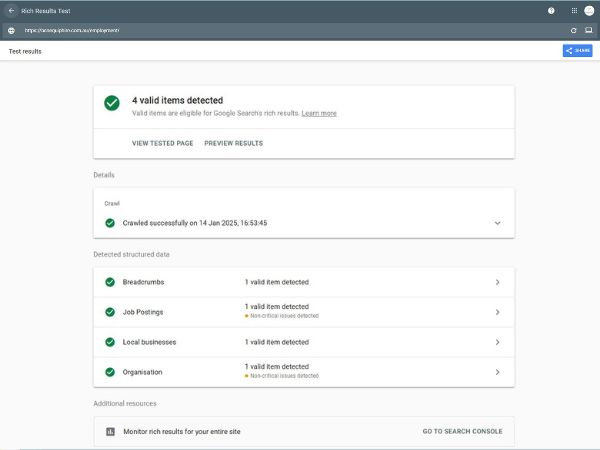 Screenshot of Google's Rich Results Test showing four valid items detected for structured data including breadcrumbs, job postings, local businesses, and organisation.