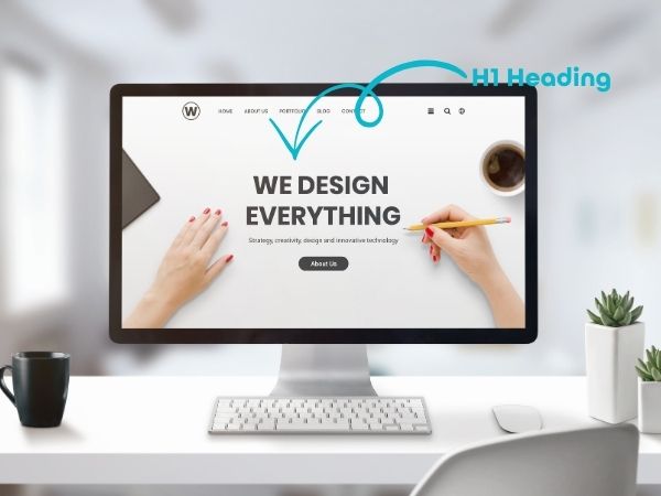 Computer screen showing a website homepage with the text “We Design Everything” marked with a label pointing to the H1 heading, highlighting proper header tag use for SEO.