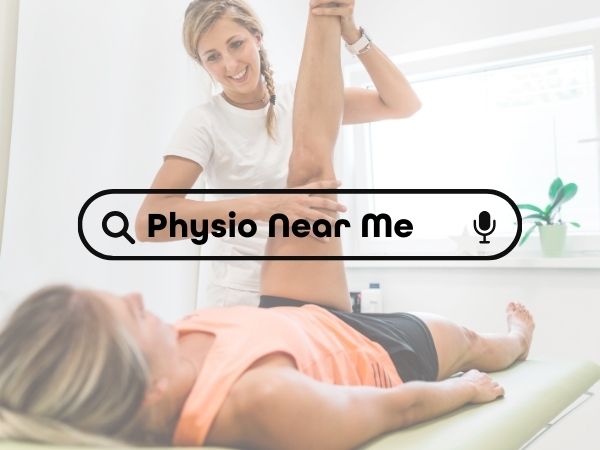 Physiotherapist assisting a female patient with a leg stretch in a treatment room, overlaid with a mock search bar containing the phrase “Physio Near Me,” illustrating local SEO.