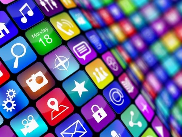 Colourful grid of digital app icons representing marketing and productivity tools like search, messaging, camera, and calendar.