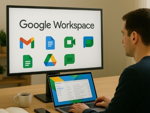 Man working at a desk with Google Workspace apps (Gmail, Drive, Docs, Meet, etc.) displayed on a monitor and laptop.