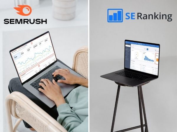 Side-by-side image showing SEMrush on one laptop and SE Ranking on another, highlighting SEO tool dashboards for comparison.