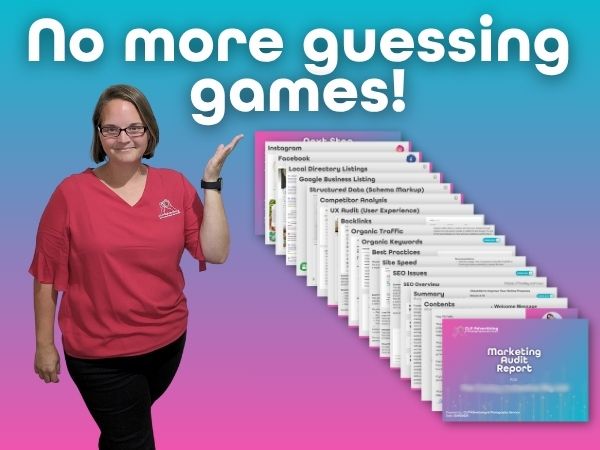 Ellie Clare from CLP Advertising & Photography Services gestures toward a spread of marketing audit pages under the headline ‘No more guessing games!’, illustrating the free Audit & Analysis Report offer.