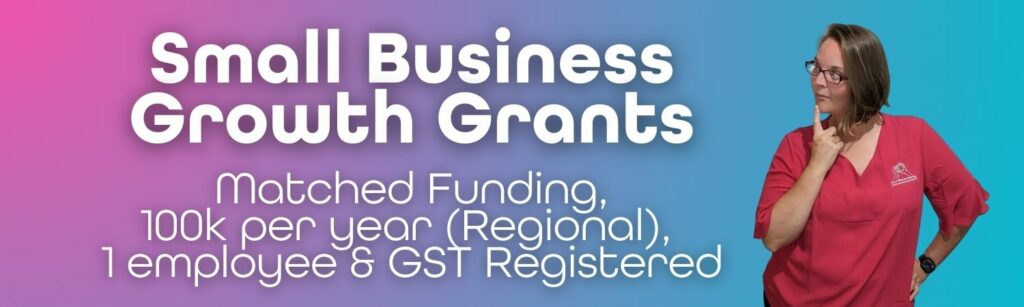 image of Ellie Clare pondering a sign saying "Small Business Growth Grants" she was soooo close to being eligible, however wants to help the businesses that are.