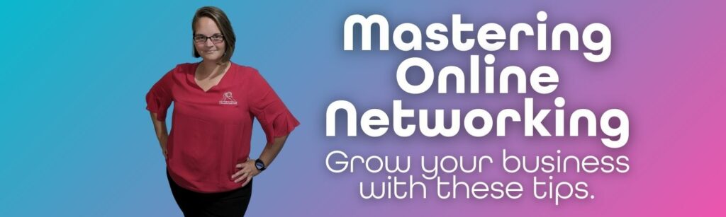 Ellie Clare standing confidently in a pink shirt next to the title 'Mastering Online Networking – Grow your business with these tips' on a blue and pink gradient background