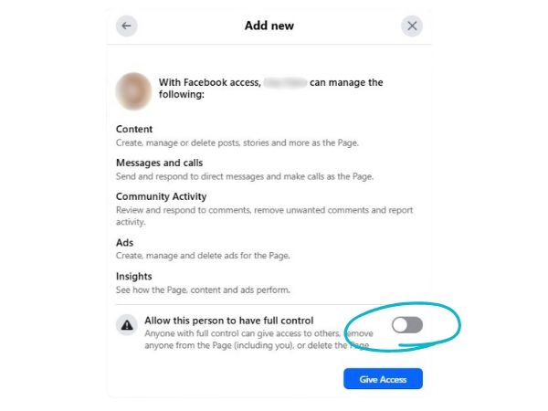 Screen shot to show the option for allowing someone full control over your Facebook Page.