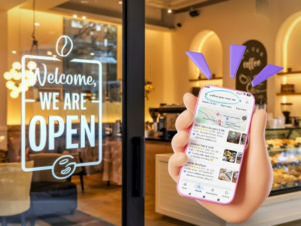 Image of someone searching coffee open near me, and arriving at an open coffee shop. 